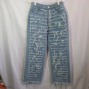 Extreme Slash Distressed Jeans High Waist Frayed Straight Leg Denim Light Wash S